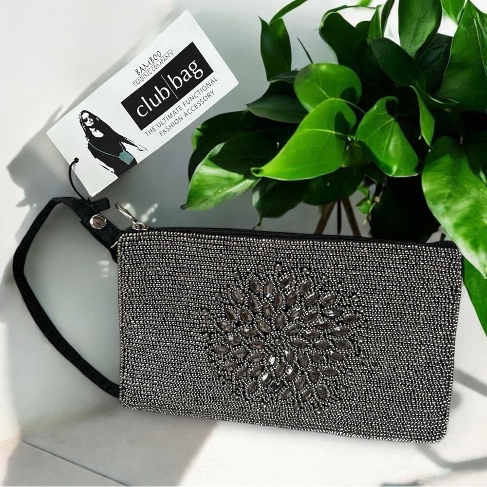 Club Bag Silver Beaded Black Cellphone Holder Wallet Shoulder Bag Purse New